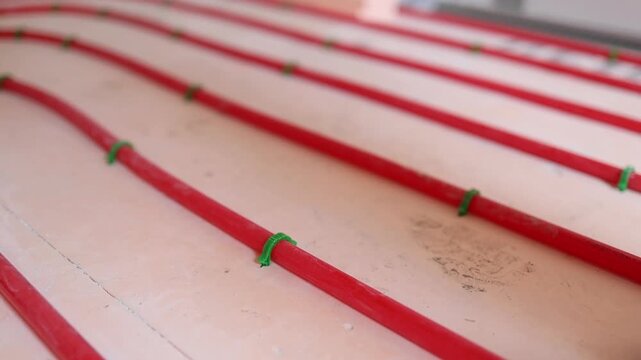 Floor heating stapler tool fixing plastic pipes for underfloor heating installation. View of worker equipment concept of plumbing heating construction