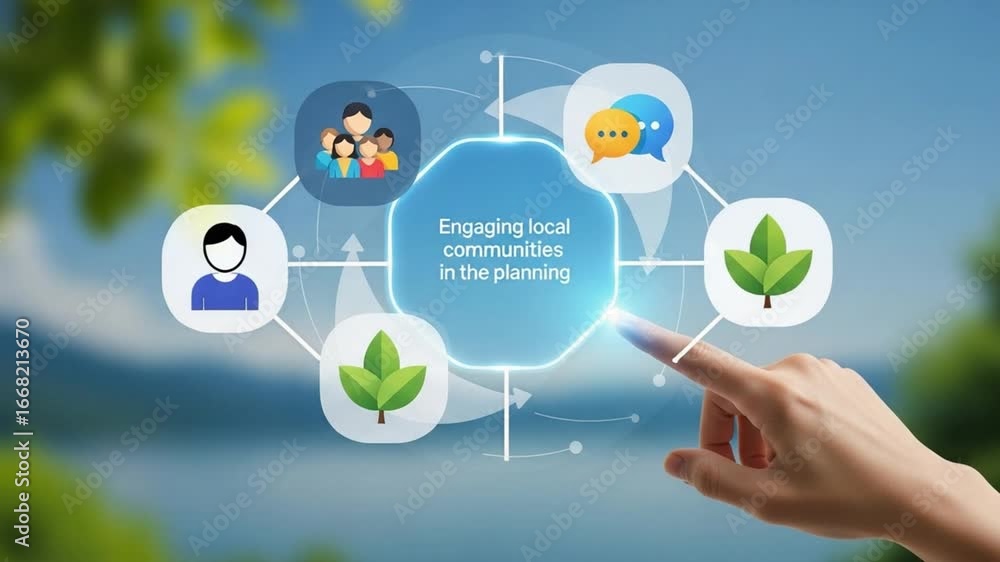 Poster hand interacting with engaging local communities in the planning interface on a nature background