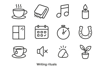 Writing Rituals Icons. Outline icon set of writing rituals: morning coffee, cozy blanket, playlist icon,