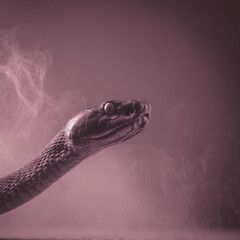 Naklejka premium Snake head close up with detailed scales and smoky background in soft purple tone, evoking mysterious and calm mood