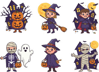Flat vector illustration of kids in Halloween costumes with haunted houses, pumpkins, full moon, bats, ghost, skeleton, and candy
