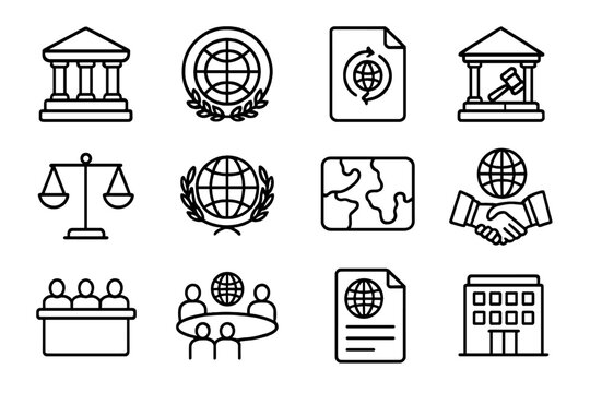 Global Trade Icons. Outline icon set of global trade organizations: WTO building, IMF symbol, GATT paper,