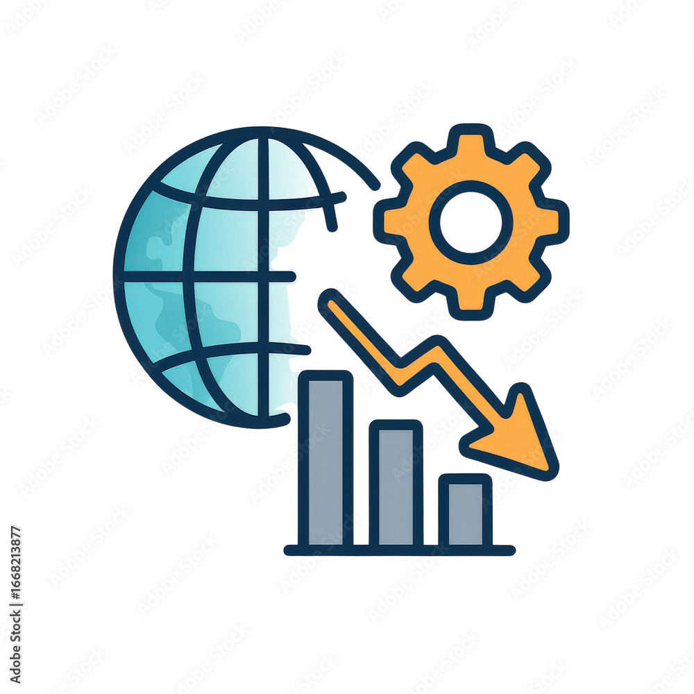 Poster efficiency recession concept. global statistics with a gear icon and declining graph.
