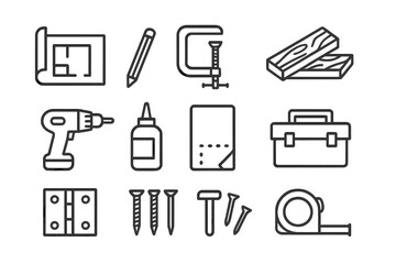 Fototapeta premium Weekend Shed Projects Icons. Outline icon set of weekend shed projects: blueprint, pencil, clamps, cut wood,