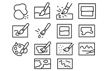 Watercolor Technique Icons. Outline icon set of watercolor techniques: wet-on-wet, dry brush, gradient wash,