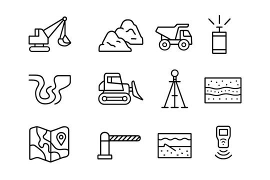 Surface Mining Icons. Outline icon set of surface mining processes: dragline excavator, overburden dump, haul