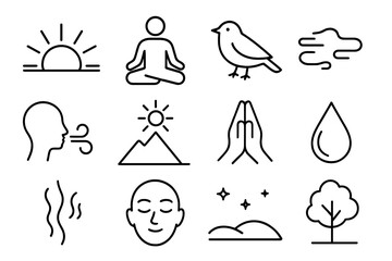 Sunrise Meditation Icons. Outline icon set of sunrise meditation practice: rising sun, seated silhouette,