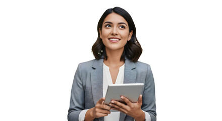 Happy young Hispanic professional business woman using tab standing in office. Happy businesswoman manager female executive leader holding tab at work looking away dreaming of future successful career