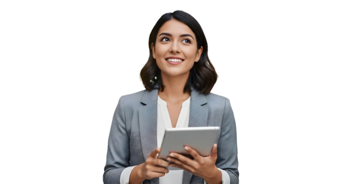 Happy young Hispanic professional business woman using tab standing in office. Happy businesswoman manager female executive leader holding tab at work looking away dreaming of future successful career