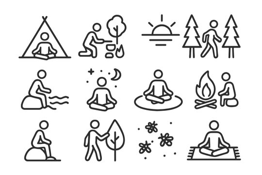 Mindful Camping Icons. Outline icon set of mindful camping: meditative tent, nature cooking, sunrise view,