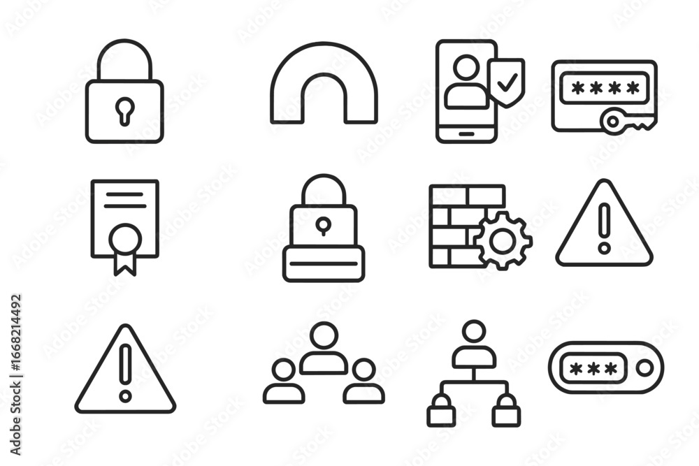 Aufkleber cybersecurity icon set. outline icon set of cybersecurity protocols: lock icon, vpn tunnel, two-fact
