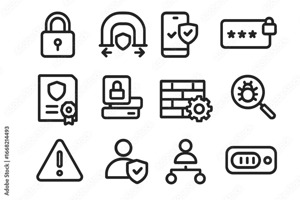 Poster cybersecurity icon set. outline icon set of cybersecurity protocols: lock icon, vpn tunnel, two-fact