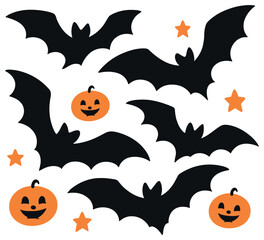 Fototapeta premium Whimsical halloween bats vector - spooky, festive decor with pumpkins and stars