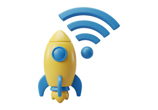 黄色いロケットと青いWi-Fiのアイコン 透明背景にデジタル通信コンセプト
