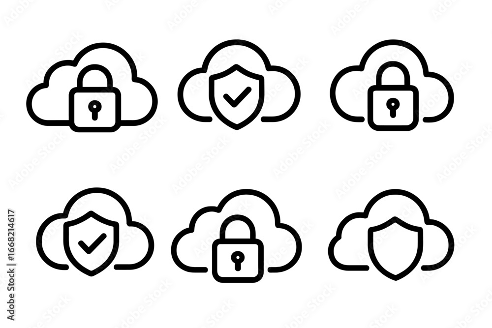 Poster cloud security icons with padlock and shield for data protection and network safety