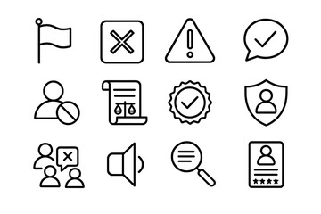 Community Moderation Icons. Outline icon set of community content moderation: report flag, block icon, warning