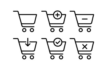 Shopping cart icons with plus, minus, add, checkmark, and cancel symbols for e-commerce and retail