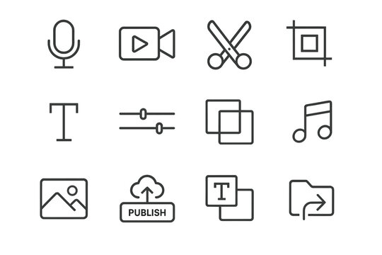 Content Creation Icons. Outline icon set of content creation tools: microphone, video recorder, editing
