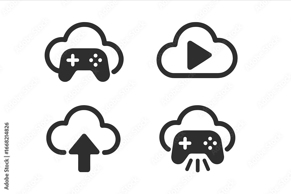 Poster cloud gaming icons with game controller, play button, and upload arrow symbols