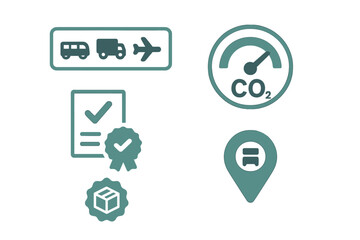 Logistics, quality control, and environmental impact icons for business operations and measurement