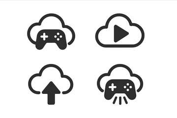 Cloud gaming icons with game controller, play button, and upload arrow symbols