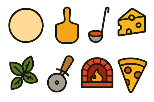 Stylized pizza making ingredients and tools collection, featuring dough, cheese, basil, cutter, oven, and slice