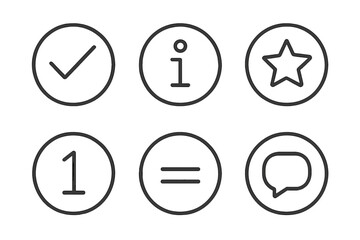 Simple outline icons in circles: checkmark, info, star, one, equals, speech bubble