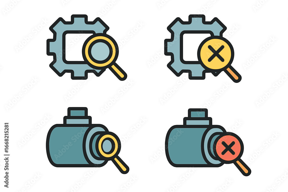 Poster gear and camera lens icons with magnifying glass and cross mark for search and error concepts