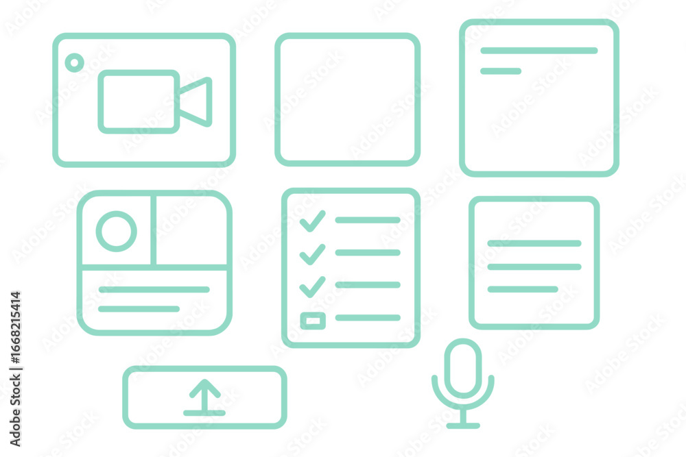 Poster outline icons for user interface design elements: camera, checklist, microphone, upload button