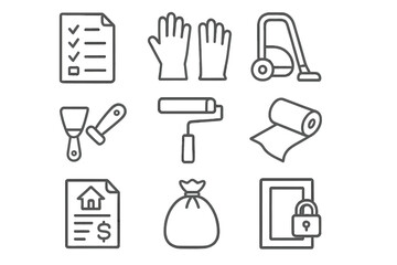 Apartment Move-Out Icons. Outline icon set of apartment move-out: checklist, cleaning gloves, vacuum cleaner,