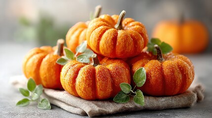 Mini Pumpkins with Water Droplets and Green Leaves on Linen Cloth