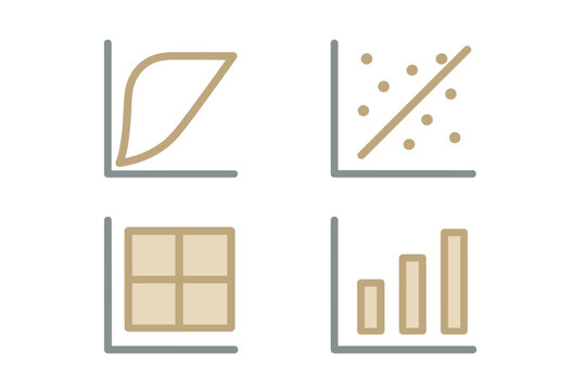 Data visualization icons for financial growth and analysis, featuring scatter plot, bar chart, and grid