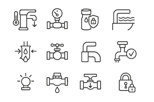 Home Water Safety Icons. Outline icon set of home water safety: anti-scald valve, pressure limiter,