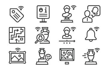 Museum AR Icon Set. Outline icon set of AR in museums: exhibit tag, info panel, 3D model, curator speech, room
