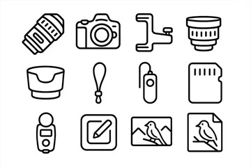Bird Photography Tool Icons. Outline icon set of bird photography tools: zoom lens, DSLR camera, tripod mount,