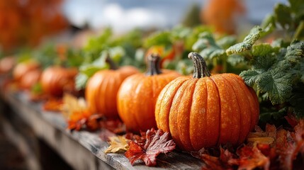 Autumn Harvest: Pumpkins and Fall Leaves on Rustic Wooden Surface