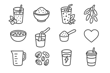 Superfood Smoothie Icons. Outline icon set of superfood smoothies: acai berry, spirulina powder, cacao nibs,