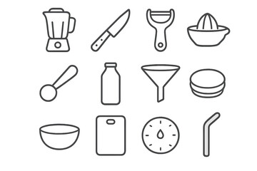 Smoothie Tool Icons. Outline icon set of smoothie kitchen tools: blender, cutting knife, peeler, citrus press,