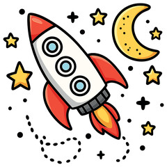Rocket adventure vector: space exploration with stars, moon, and doodle cartoon design