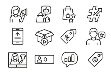 Fototapeta premium Social Media Icons. Outline icon set of social media influence on shoppers: influencer icon, product mention,