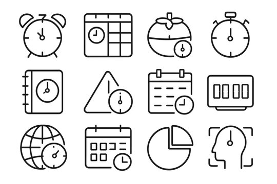 Digital Time Management Icons. Outline icon set of digital time management: alarm clock, weekly planner,