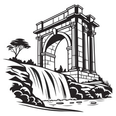 Fototapeta premium Ancient stone archway over waterfall silhouette