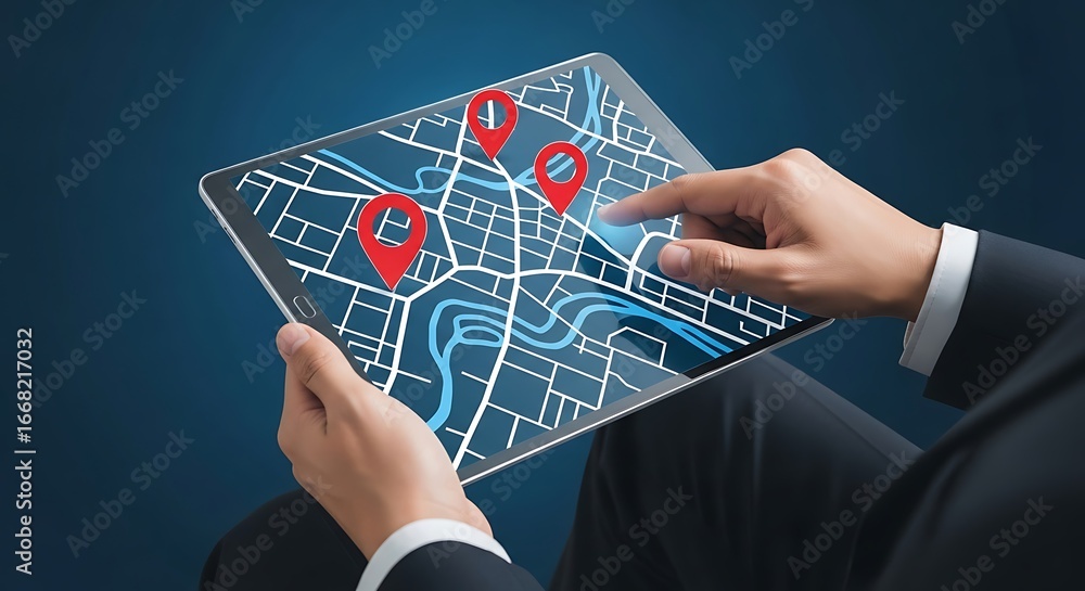 Poster person using tablet with map and location pins navigation