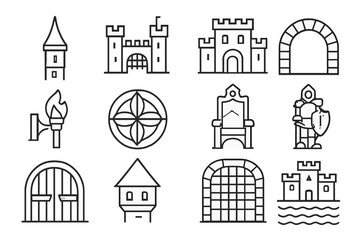 Fototapeta premium Castle Icon Collection. Outline icon set of royal castle architecture: tall spire, drawbridge, inner courtyard