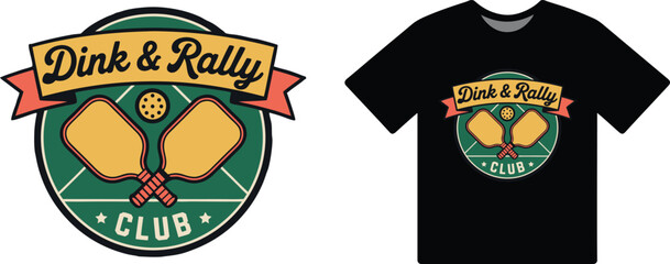 A vintage-style pickleball club logo featuring paddles and text is presented. The logo is suitable for use in any design.