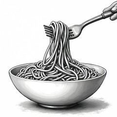 Illustration of spaghetti strands lifted from bowl with fork. Artistic depiction captures of Italian culinary tradition, comforting, savory meal. Ideal for food blogs, restaurant menus, cultural food