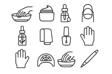 Nail Care Icon Set. Outline icon set of nail care routine: hand soak bowl, moisturizing cream, cuticle oil,
