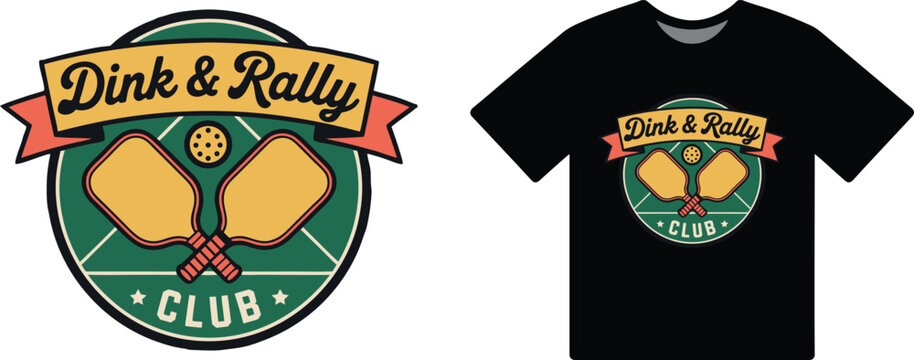 A vintage-style pickleball club logo featuring paddles and text is presented. The logo is suitable for use in any design.