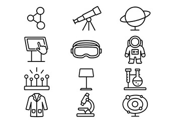 Science Exhibit Icons. Outline icon set of science exhibitions: molecule model, telescope, planet model,