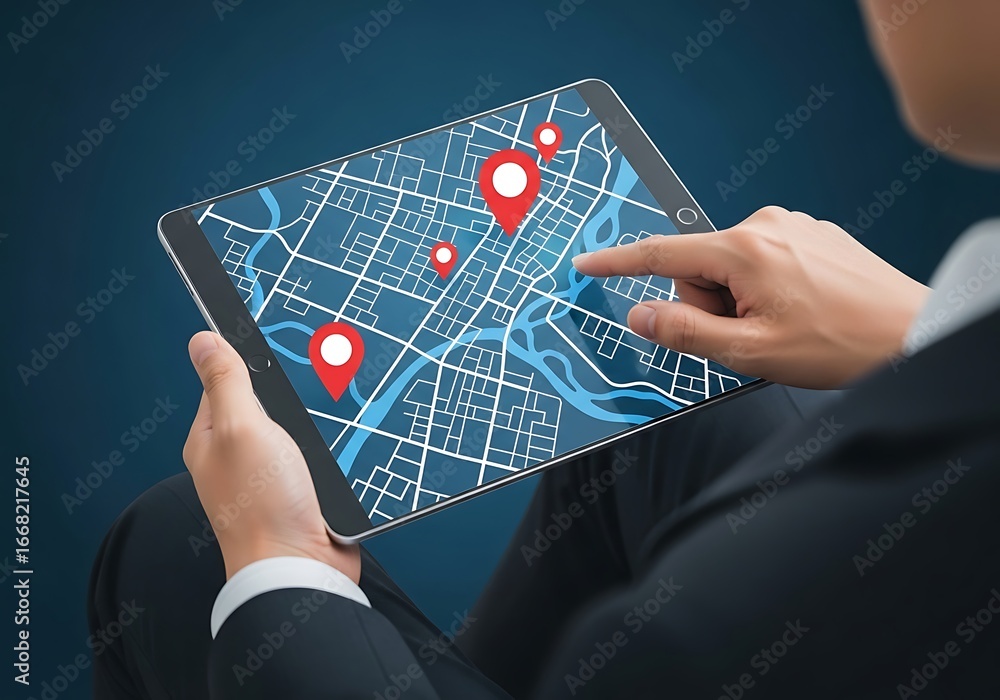 Poster person using tablet with map and location pins navigation